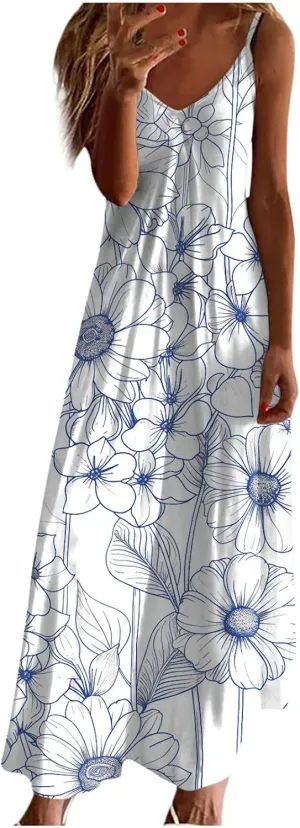 Ceboyel Summer Sundresses for Women 2024 Trendy Casual Floral Sun Dresses Spaghetti Strap Beach Maxi Dress Vacation Outfits