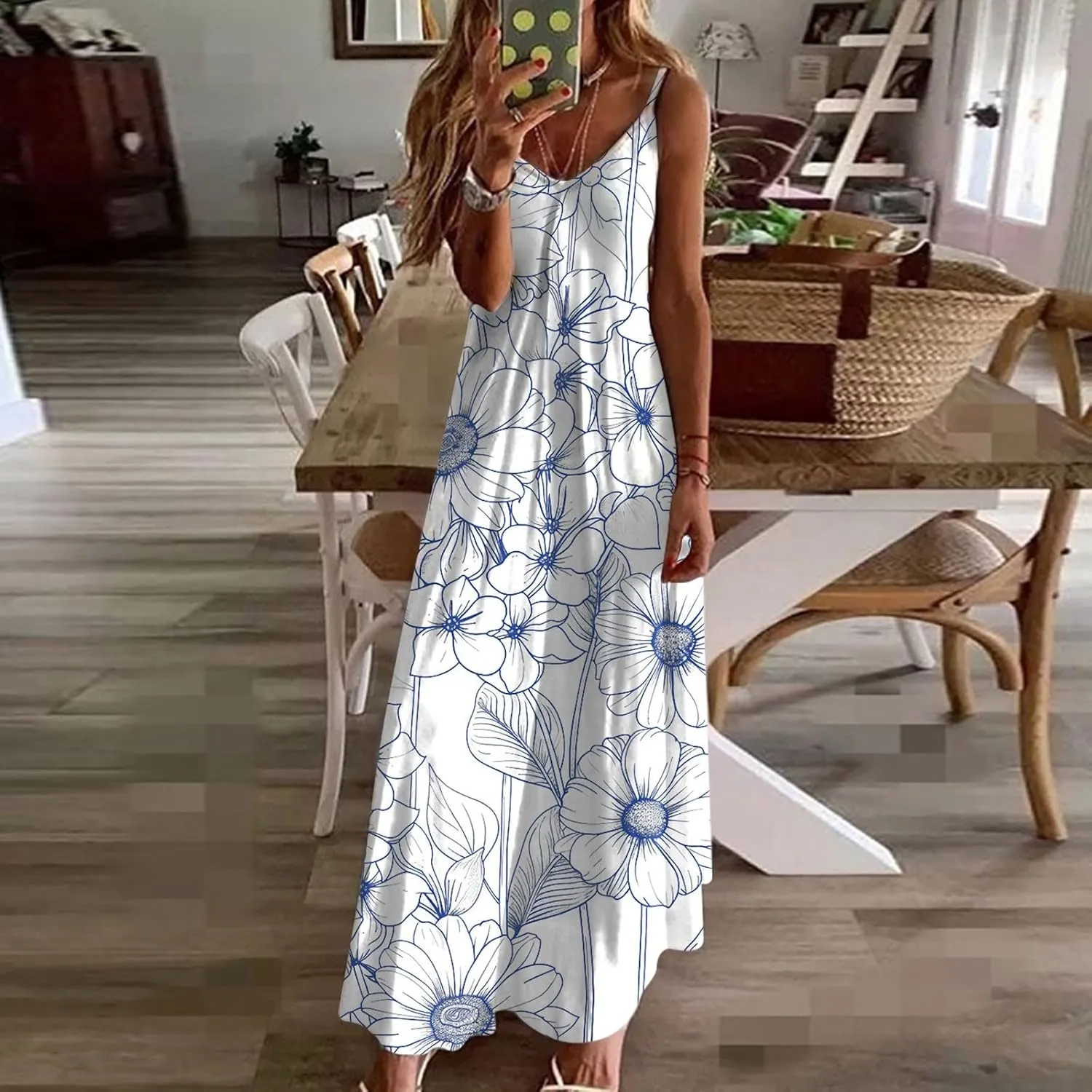 Ceboyel Summer Sundresses for Women 2024 Trendy Casual Floral Sun Dresses Spaghetti Strap Beach Maxi Dress Vacation Outfits