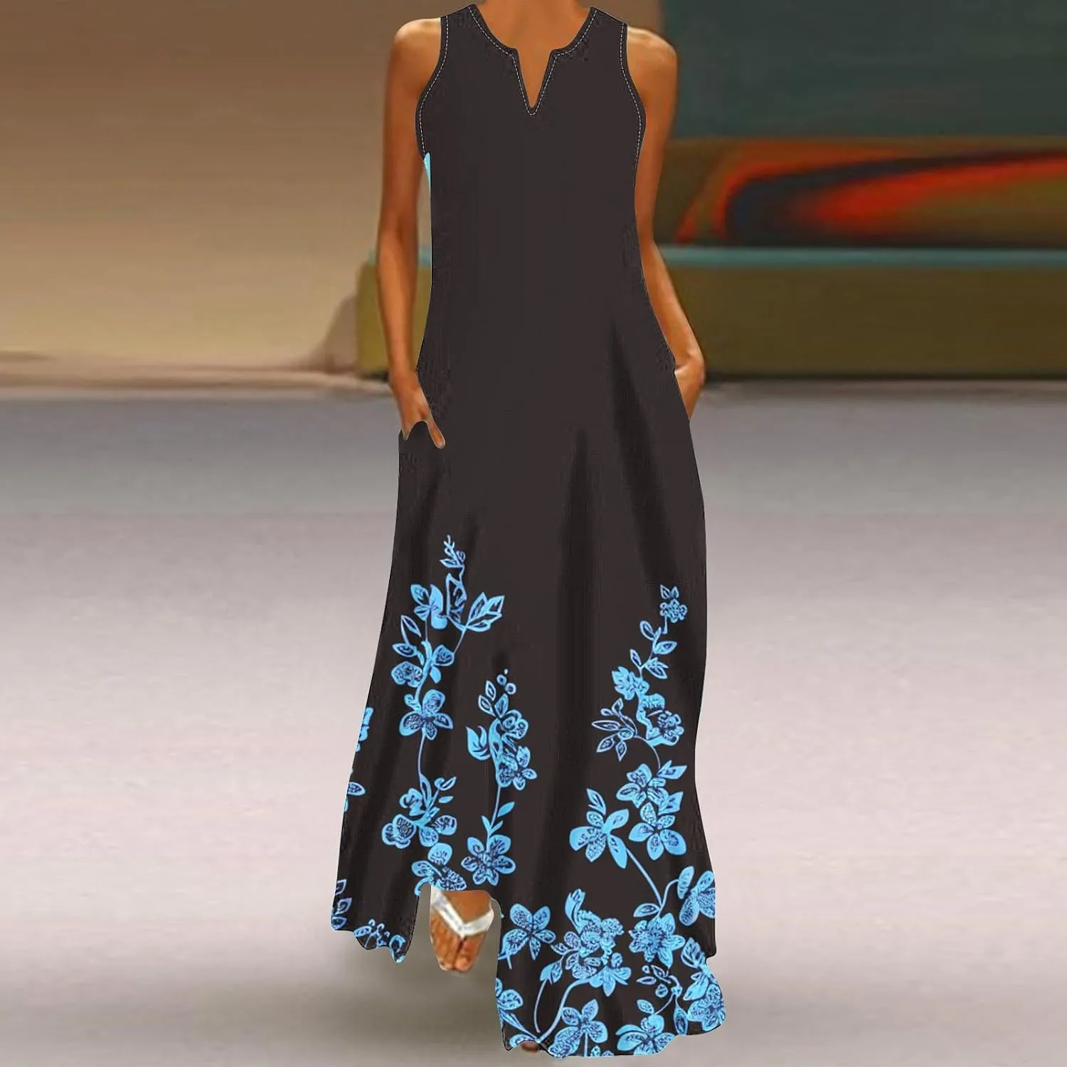 Ceboyel Women Floral Summer Dresses 2024 Sleeveless Casual Maxi Dress Long Flowy Sundresses Trendy Beach Vacation Clothes