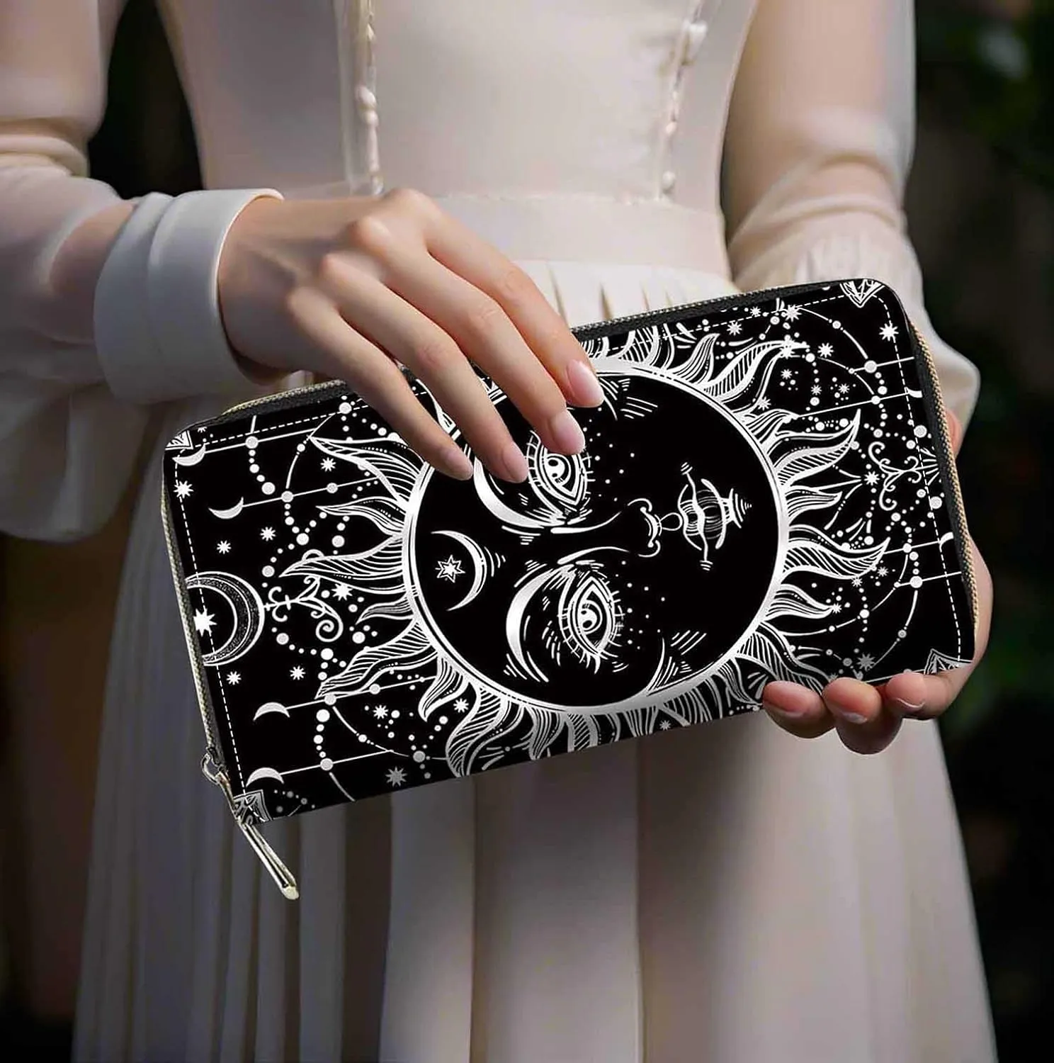 Celestial Sun and Moon Boho Mystic Tribal Drawing Print Women Large Capacity Wallet PU Leather Zipper Clutch Purse for Smart Phone/Card/Coin/Cash