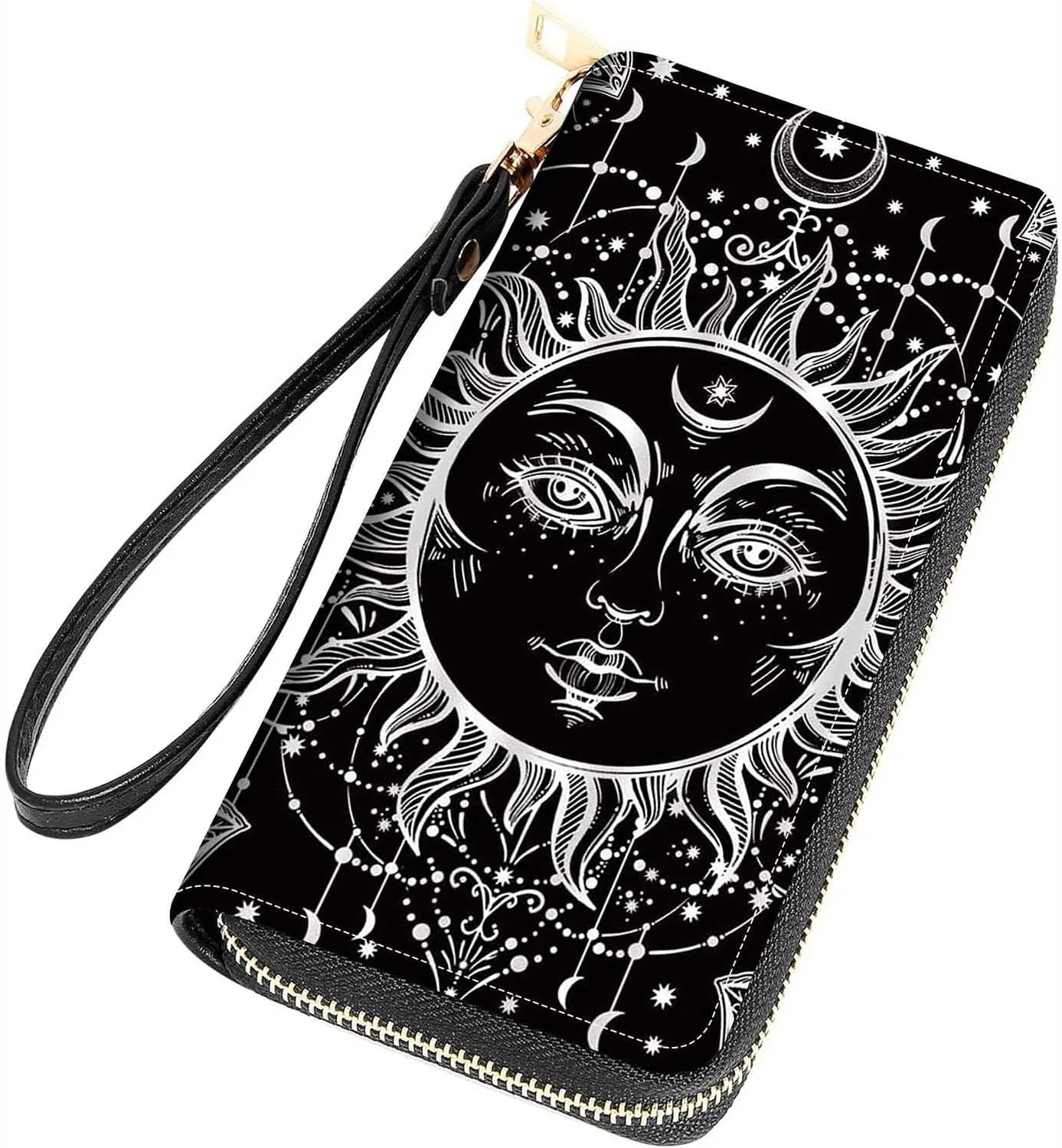 Celestial Sun and Moon Boho Mystic Tribal Drawing Print Women Large Capacity Wallet PU Leather Zipper Clutch Purse for Smart Phone/Card/Coin/Cash