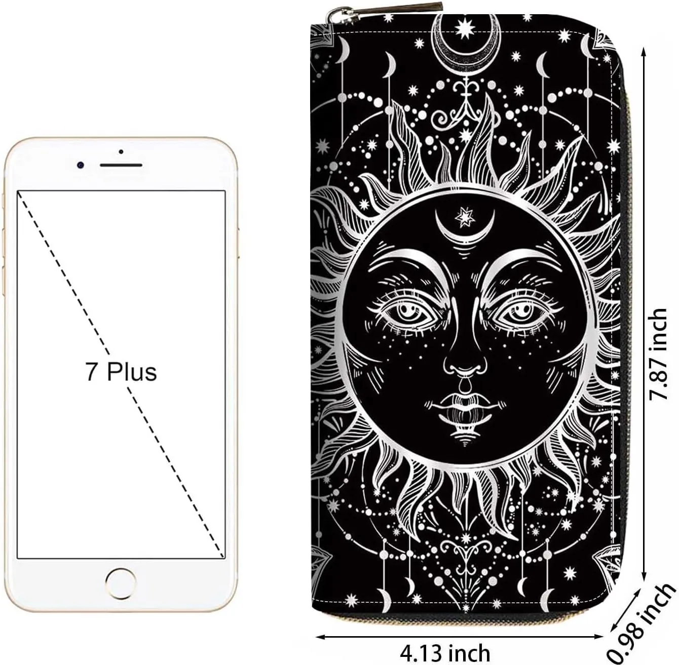 Celestial Sun and Moon Boho Mystic Tribal Drawing Print Women Large Capacity Wallet PU Leather Zipper Clutch Purse for Smart Phone/Card/Coin/Cash
