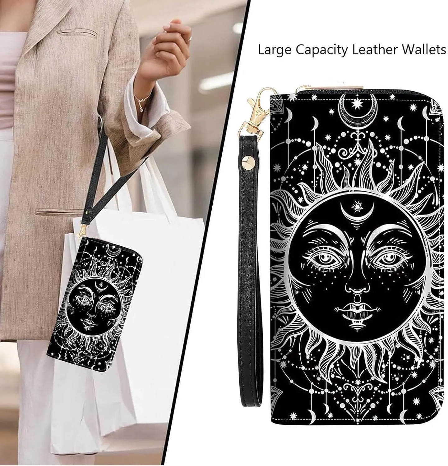 Celestial Sun and Moon Boho Mystic Tribal Drawing Print Women Large Capacity Wallet PU Leather Zipper Clutch Purse for Smart Phone/Card/Coin/Cash