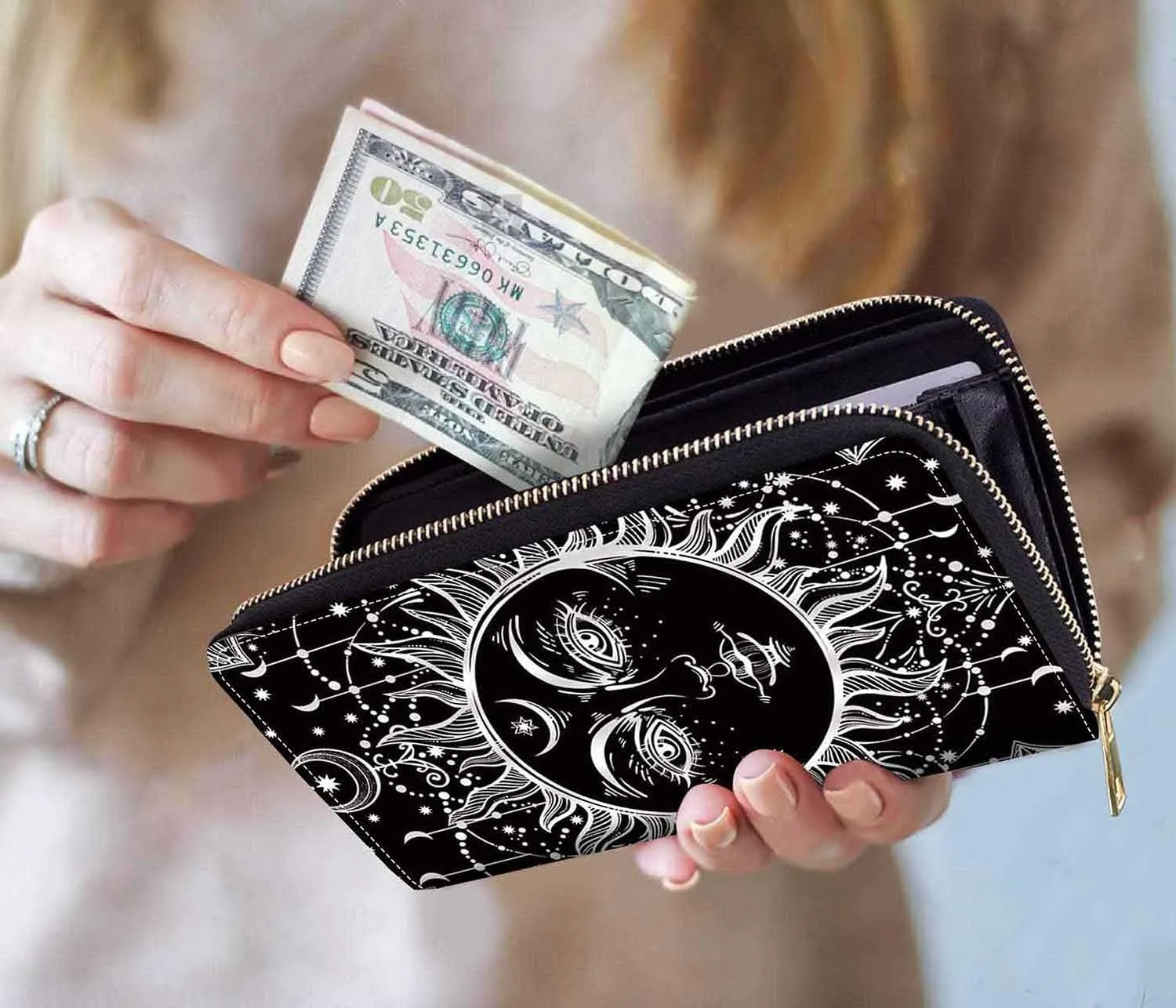 Celestial Sun and Moon Boho Mystic Tribal Drawing Print Women Large Capacity Wallet PU Leather Zipper Clutch Purse for Smart Phone/Card/Coin/Cash