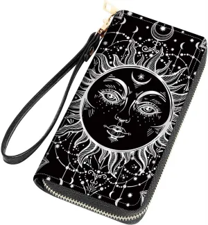 Celestial Sun and Moon Boho Mystic Tribal Drawing Print Women Large Capacity Wallet PU Leather Zipper Clutch Purse for Smart Phone/Card/Coin/Cash