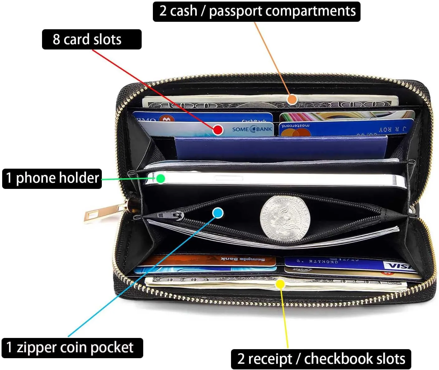 Celestial Sun and Moon Boho Mystic Tribal Drawing Print Women Large Capacity Wallet PU Leather Zipper Clutch Purse for Smart Phone/Card/Coin/Cash