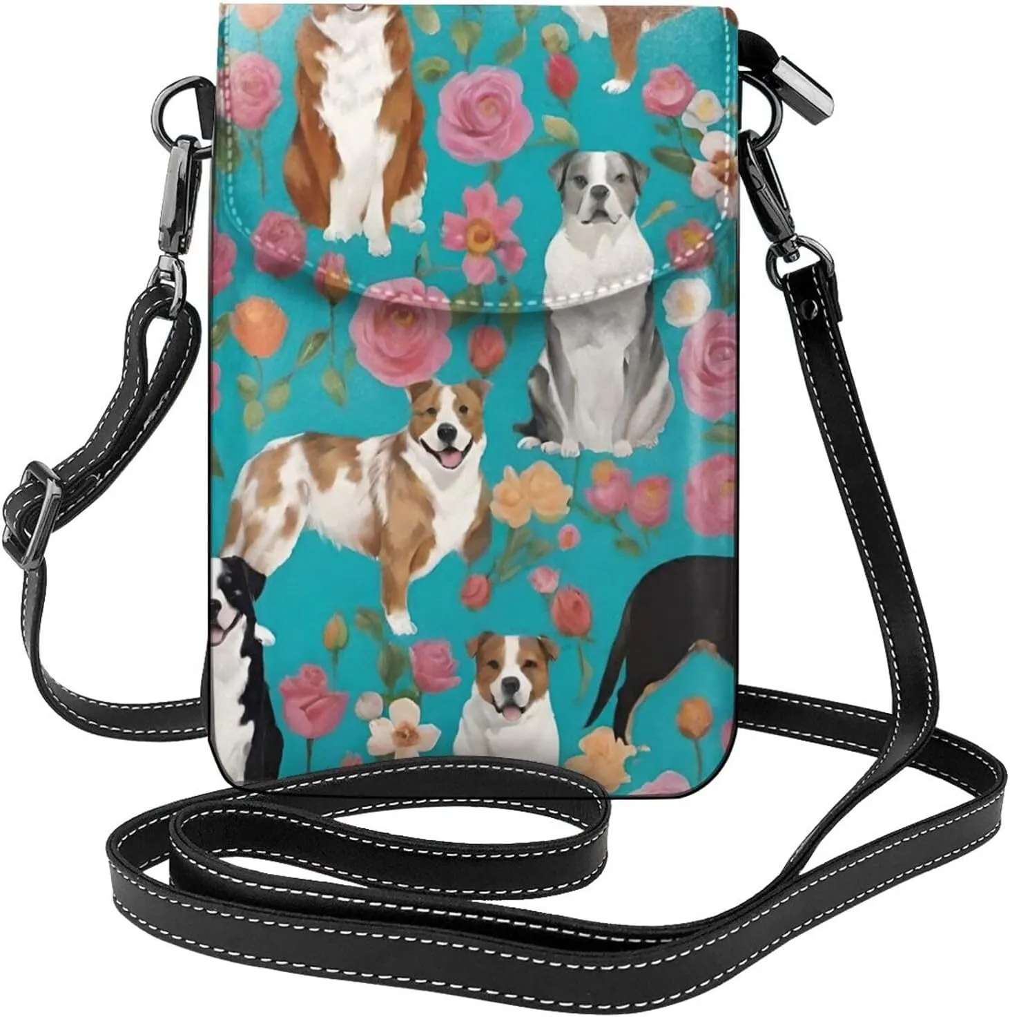 Cell Phone Gym Multipurpose Purse - Passport, Credit Card Detachable Shoulder Strap, Holder Australian Shepherd Dogs Flowers Art Wristlet Convertible Cross Body Bag