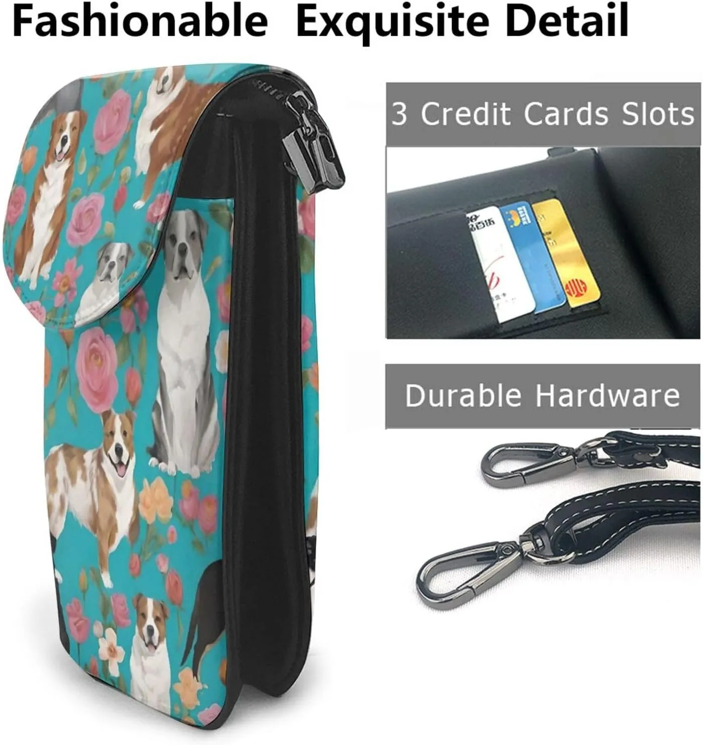 Cell Phone Gym Multipurpose Purse - Passport, Credit Card Detachable Shoulder Strap, Holder Australian Shepherd Dogs Flowers Art Wristlet Convertible Cross Body Bag
