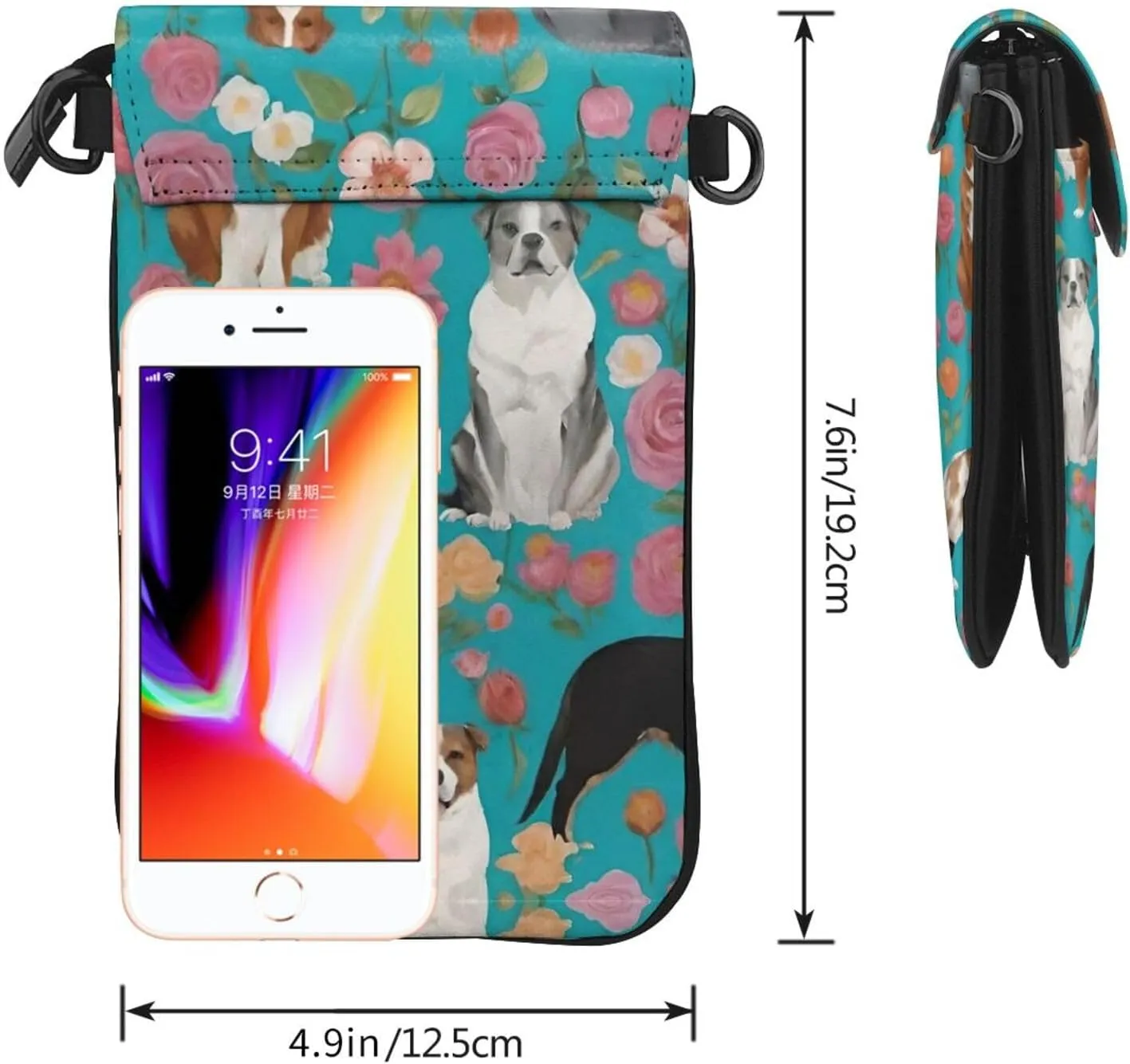 Cell Phone Gym Multipurpose Purse - Passport, Credit Card Detachable Shoulder Strap, Holder Australian Shepherd Dogs Flowers Art Wristlet Convertible Cross Body Bag
