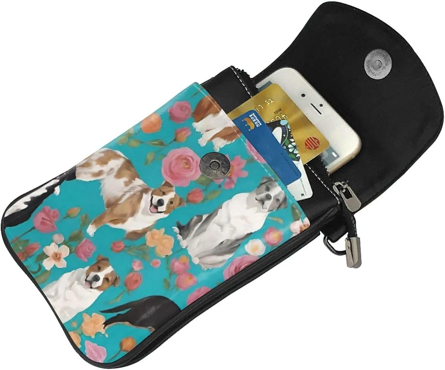 Cell Phone Gym Multipurpose Purse - Passport, Credit Card Detachable Shoulder Strap, Holder Australian Shepherd Dogs Flowers Art Wristlet Convertible Cross Body Bag
