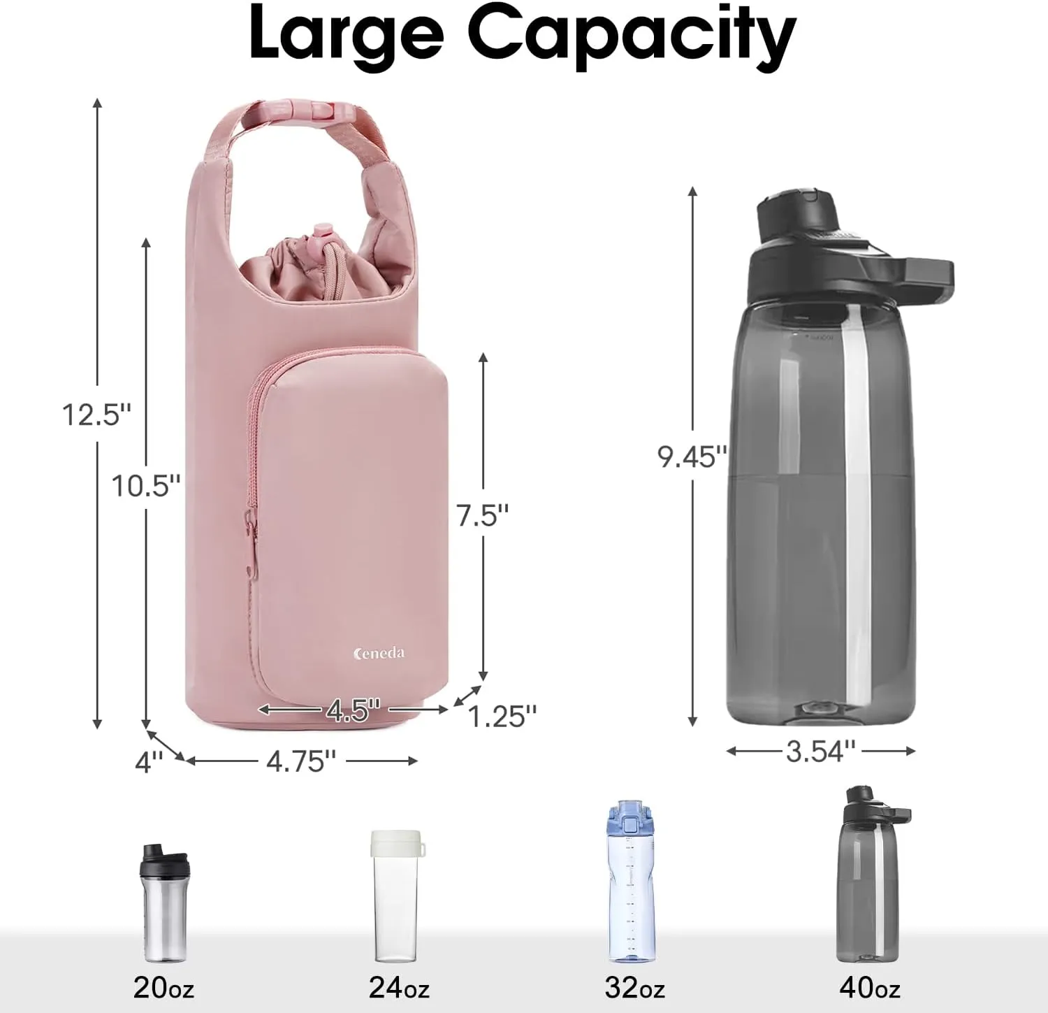 Ceneda Water Bottle Carrier Bag with Phone Pocket 32oz 40oz Tumbler Insulated Water Bottle Holder with Adjustable Shoulder Strap Carrier Sling Bag (Pink)