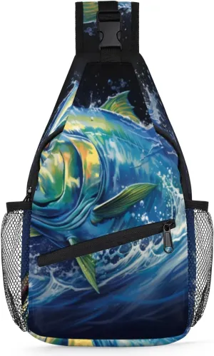 cfpolar Blue Fish Jumping Water Sling Bag for Women Men, Lightweight Crossbody Sling Backpack Shoulder Pack Multipurpose Chest Bag for Travel Hiking Gym Cycling
