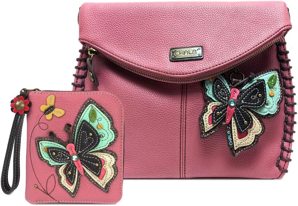 CHALA Charming Crossbody Bag With Flap Top | Flap and Zipper Cross-Body Purse or Shoulder Handbag with Metal Chain - Pink