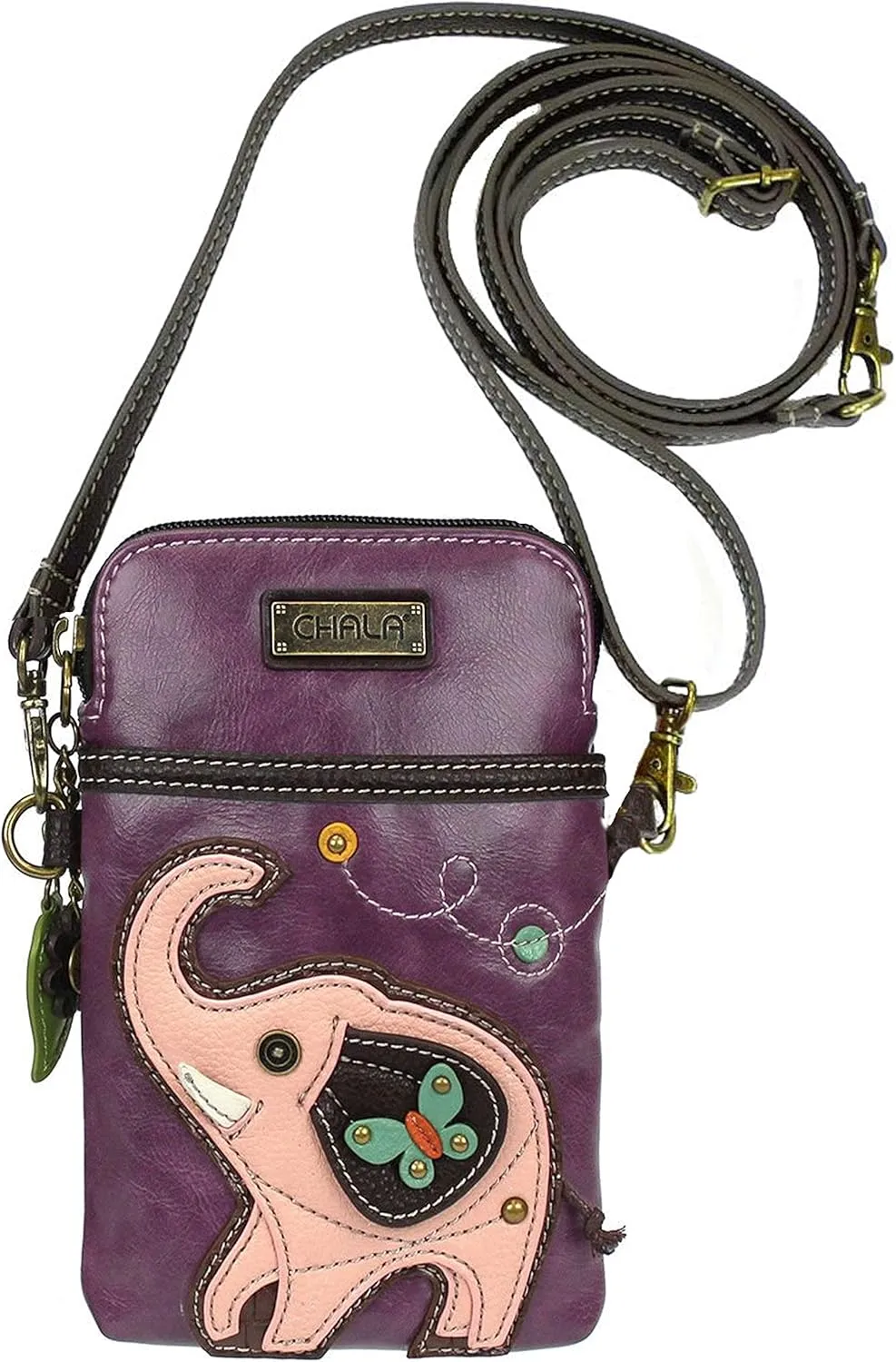 Chala Group Elephant Cellphone Crossbody Handbag - Convertible Strap Elephant Lovers, Purple, 5" x 7.5" x 1"