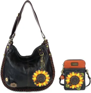 CHALA Hobo Style Large Bag Shoulder Purse with & Chala Zip Wallet Combo Set (Black Sunflower & Dazzled Crossbody Combo)