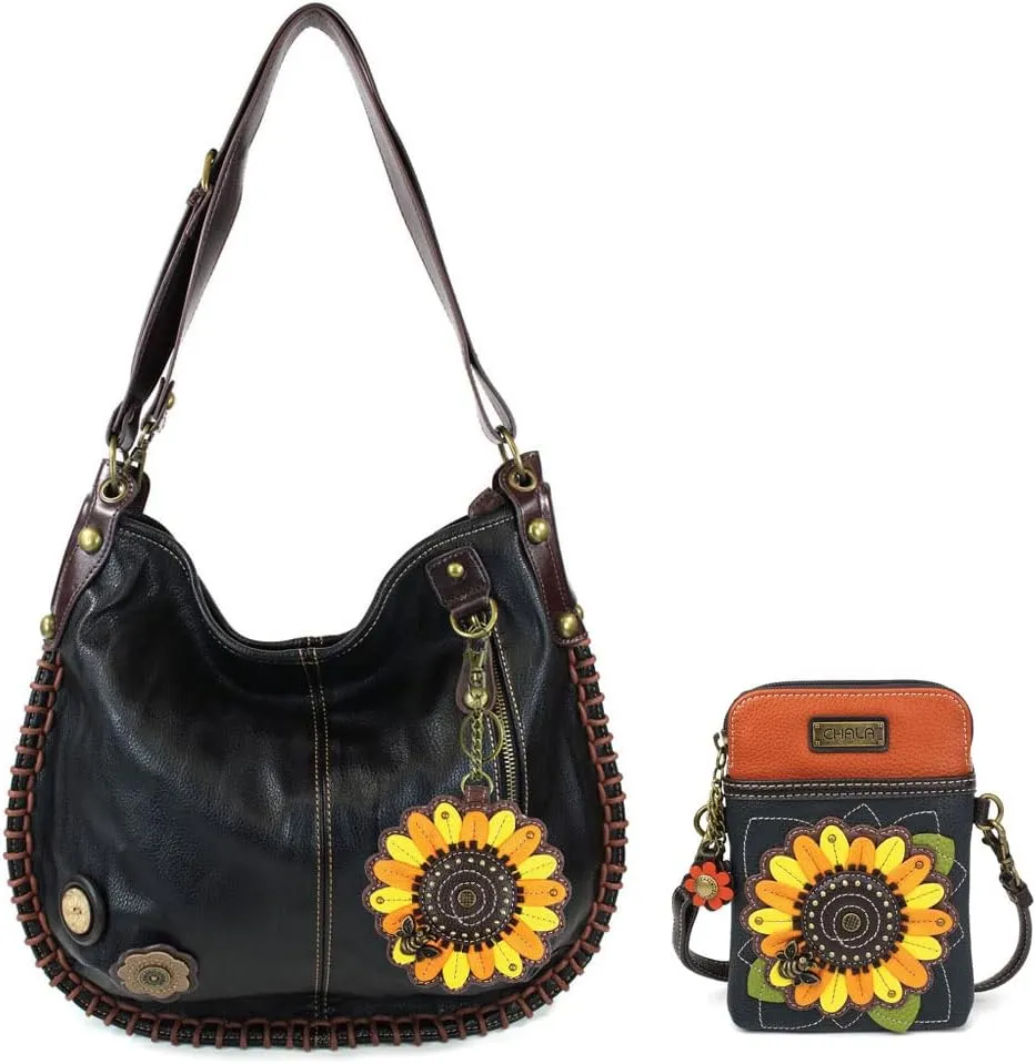 CHALA Hobo Style Large Bag Shoulder Purse with & Chala Zip Wallet Combo Set (Black Sunflower & Dazzled Crossbody Combo)