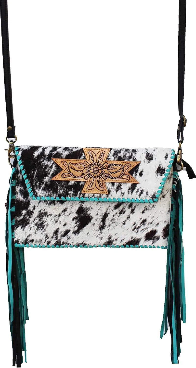CHALLENGER Cowhide & Leather Crossbody Bag Floral Tooled Leather Cow Shoulder 18RAH32TR