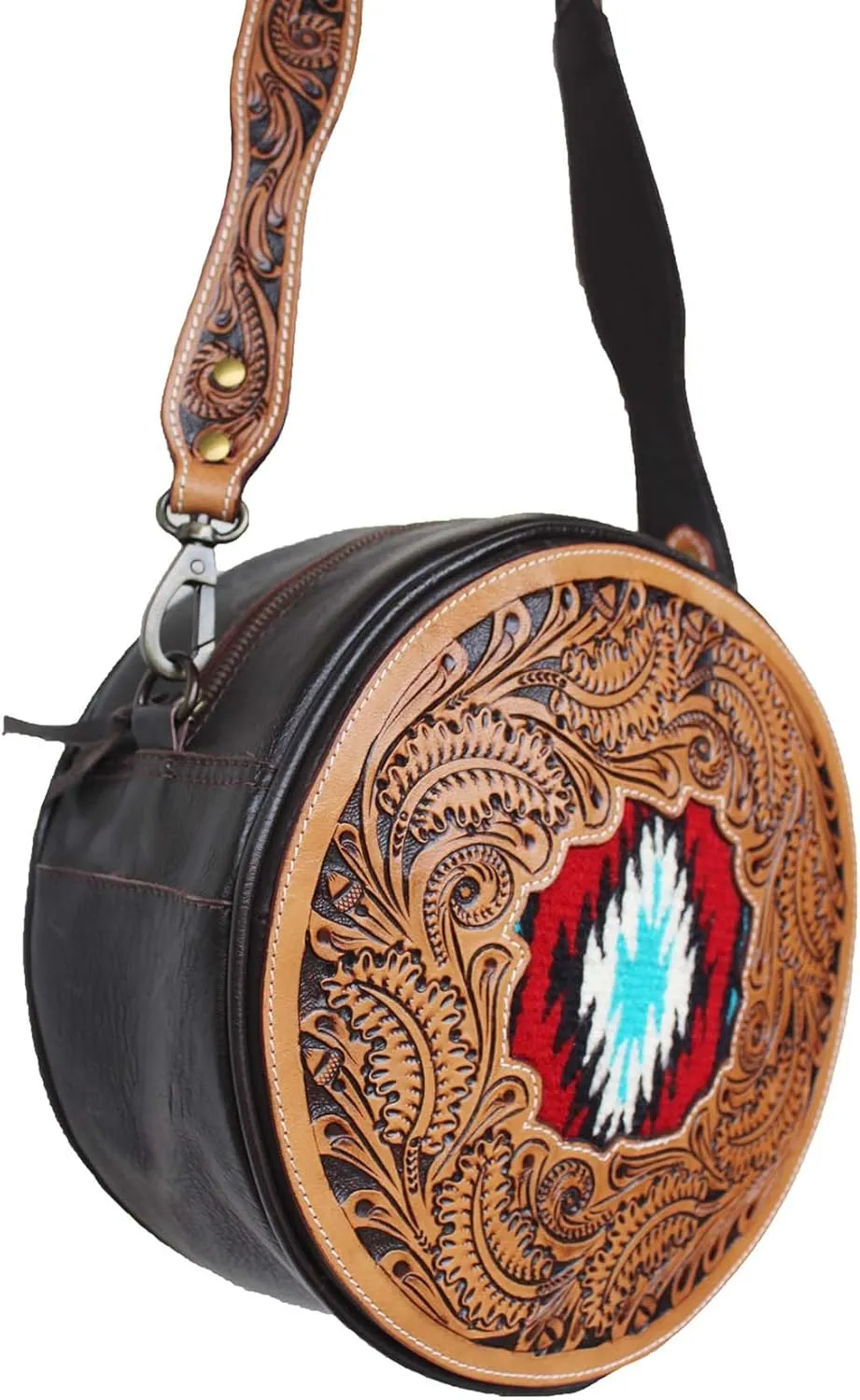 CHALLENGER Western Floral Tooled Round Canteen Woven Inlay Leather Shoulder Crossbody Bag Purse 18FKHRoundCrossbody