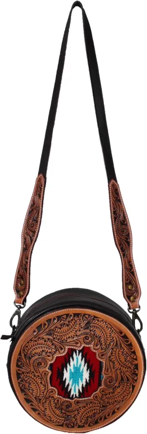 CHALLENGER Western Floral Tooled Round Canteen Woven Inlay Leather Shoulder Crossbody Bag Purse 18FKHRoundCrossbody