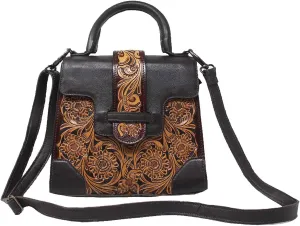 CHALLENGER Women's Antique Floral Tooled Leather Small Tote Purse Handbag 18FKH36