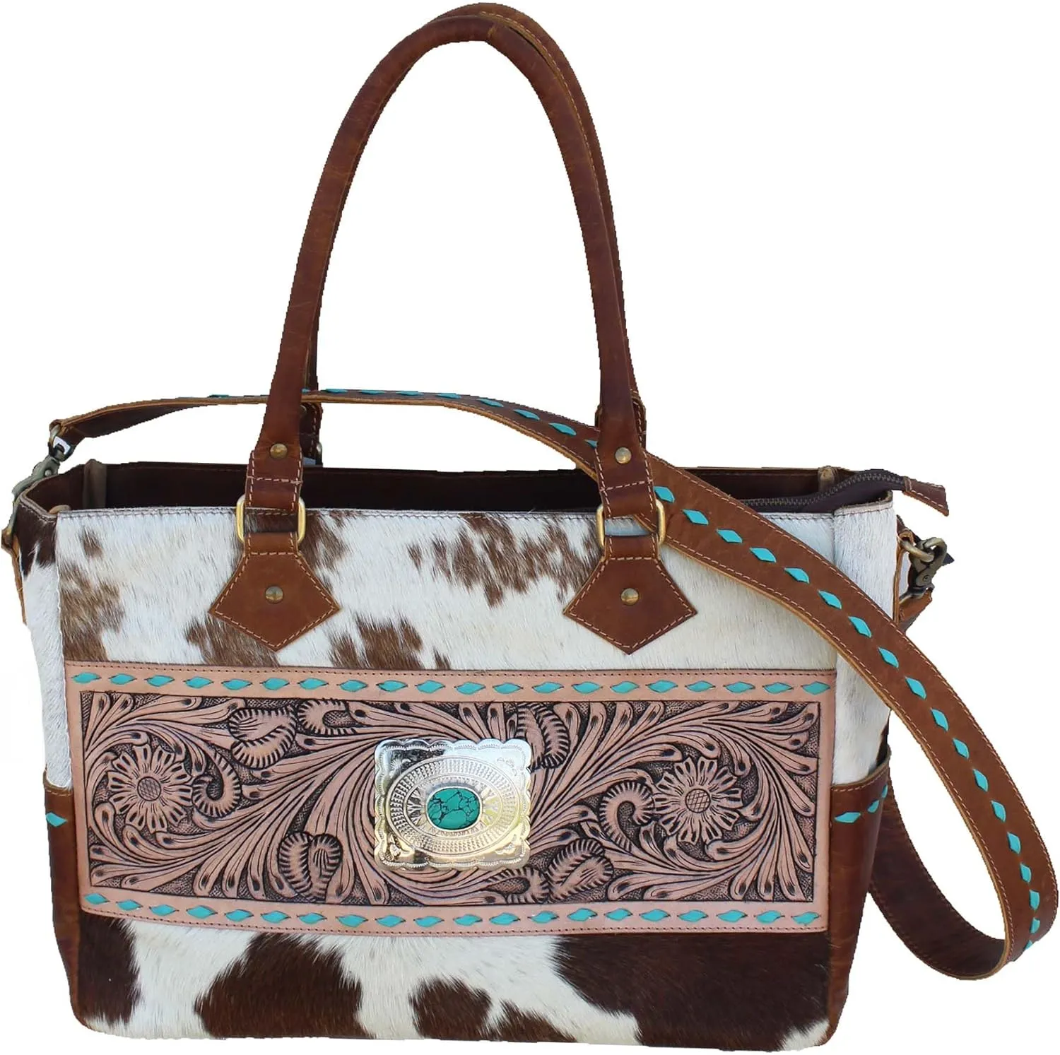 CHALLENGER Women's Western Cowhide Floral Buckstitch Leather Shoulder Handbag Tote 18RAH17