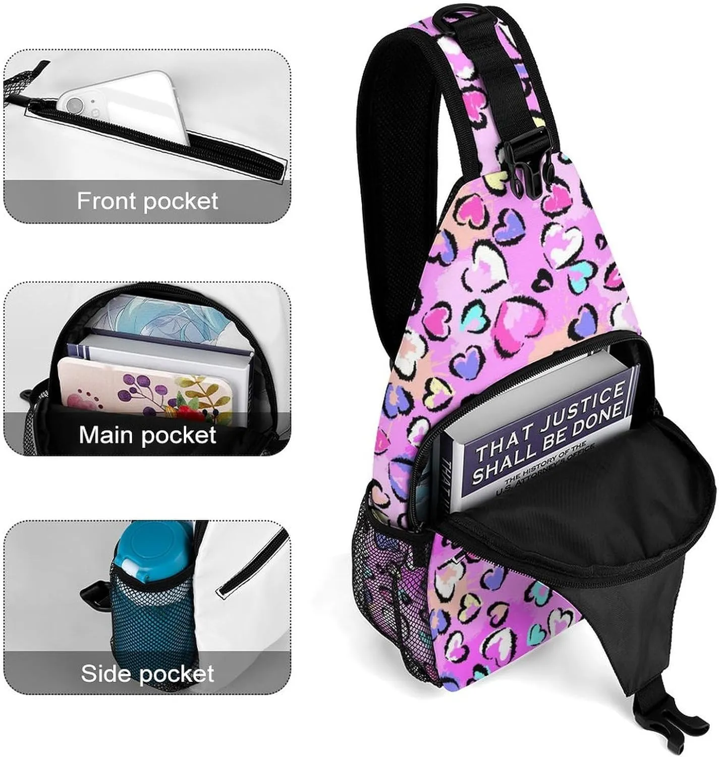 Chaotic Leopard Print with Hearts Sling Backpack, Crossbody Shoulder Bag, Chest Bags for Outdoor Travel Fitness