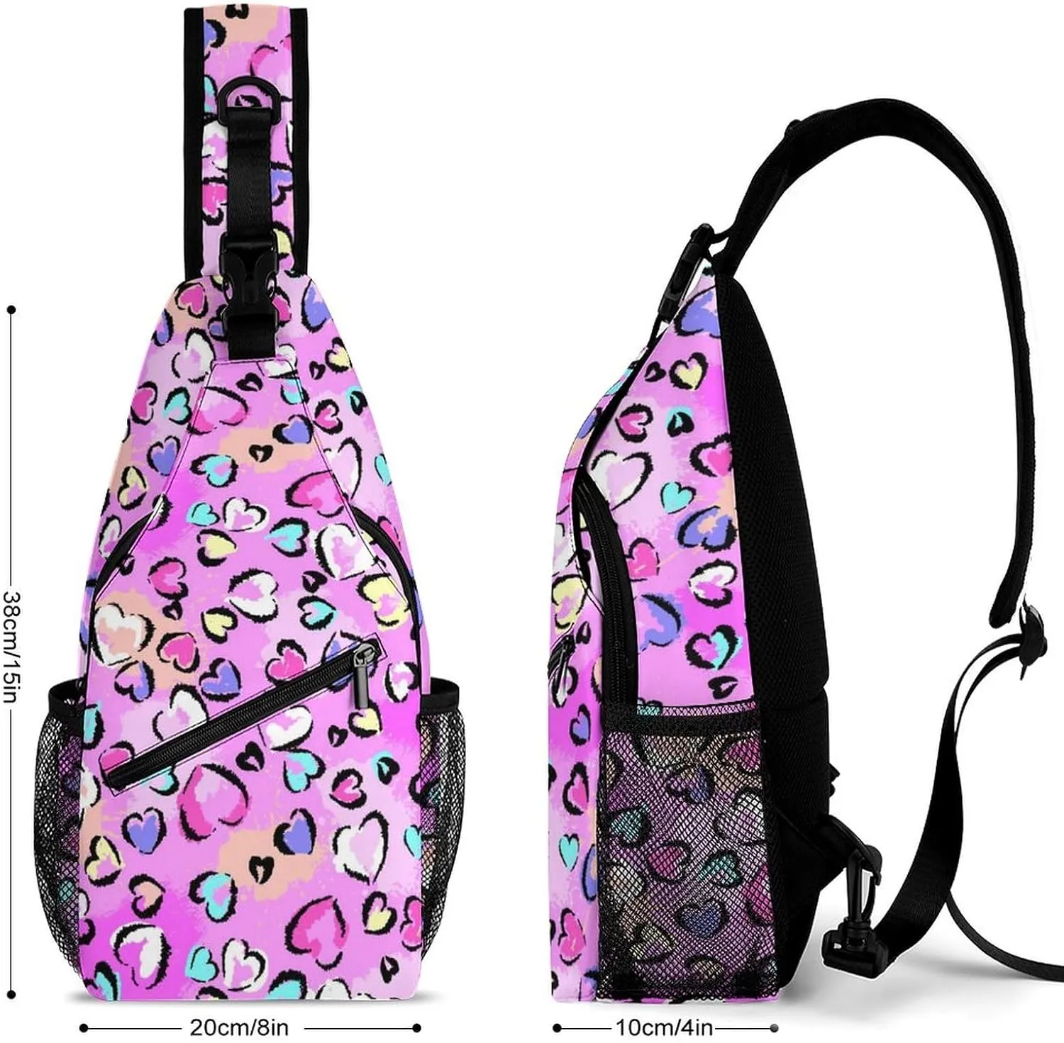 Chaotic Leopard Print with Hearts Sling Backpack, Crossbody Shoulder Bag, Chest Bags for Outdoor Travel Fitness