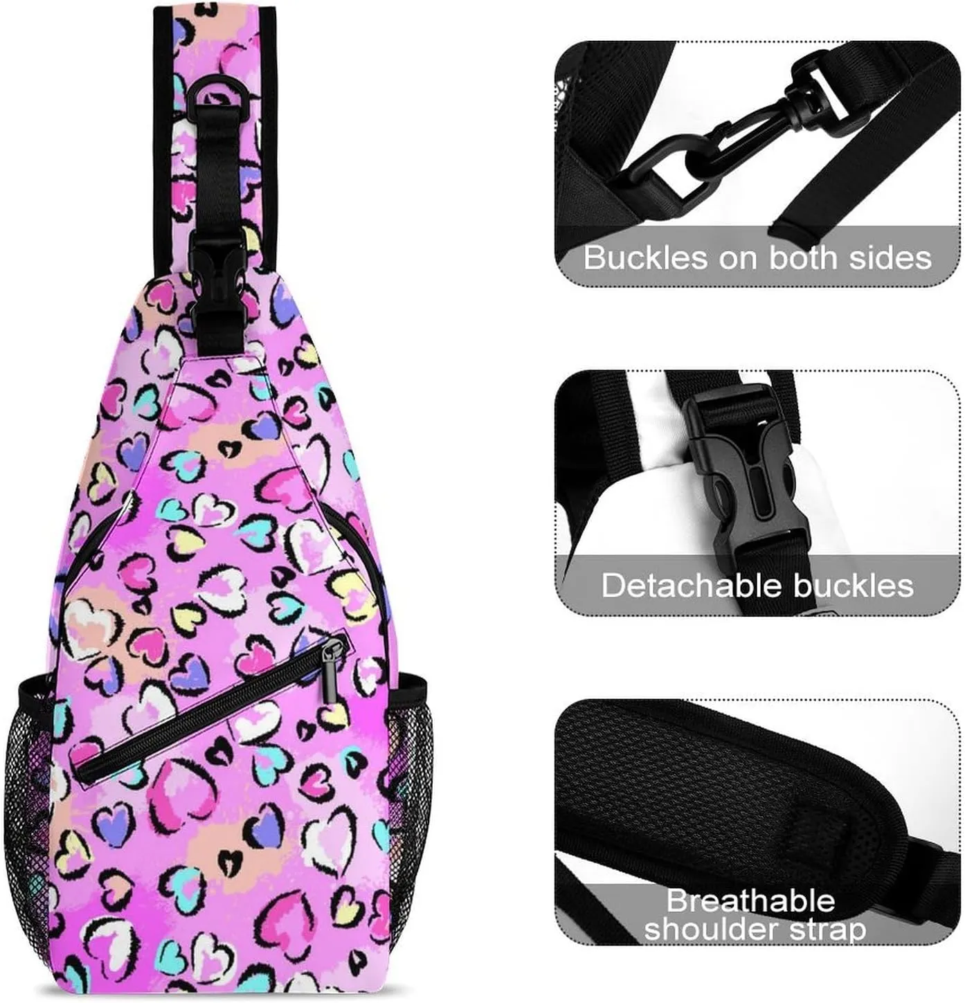 Chaotic Leopard Print with Hearts Sling Backpack, Crossbody Shoulder Bag, Chest Bags for Outdoor Travel Fitness