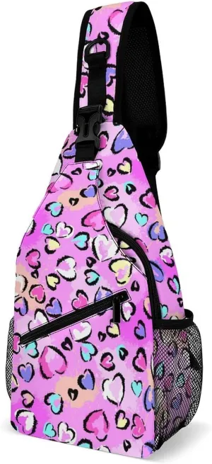 Chaotic Leopard Print with Hearts Sling Backpack, Crossbody Shoulder Bag, Chest Bags for Outdoor Travel Fitness