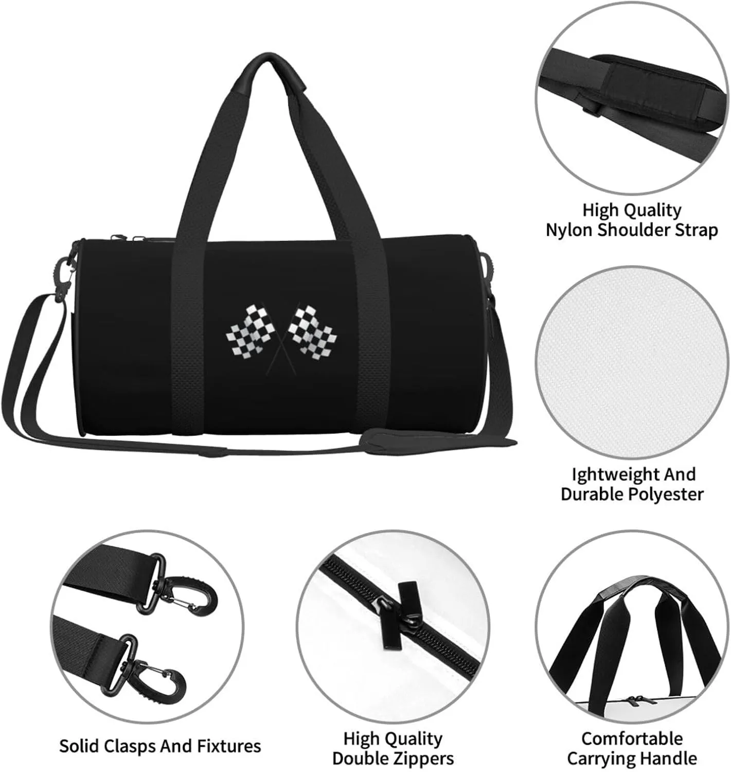 Checkered Flags Race Car Flag Travel Luggage Duffel Bag Sports Rolling Foldable Duffel Bag, Black