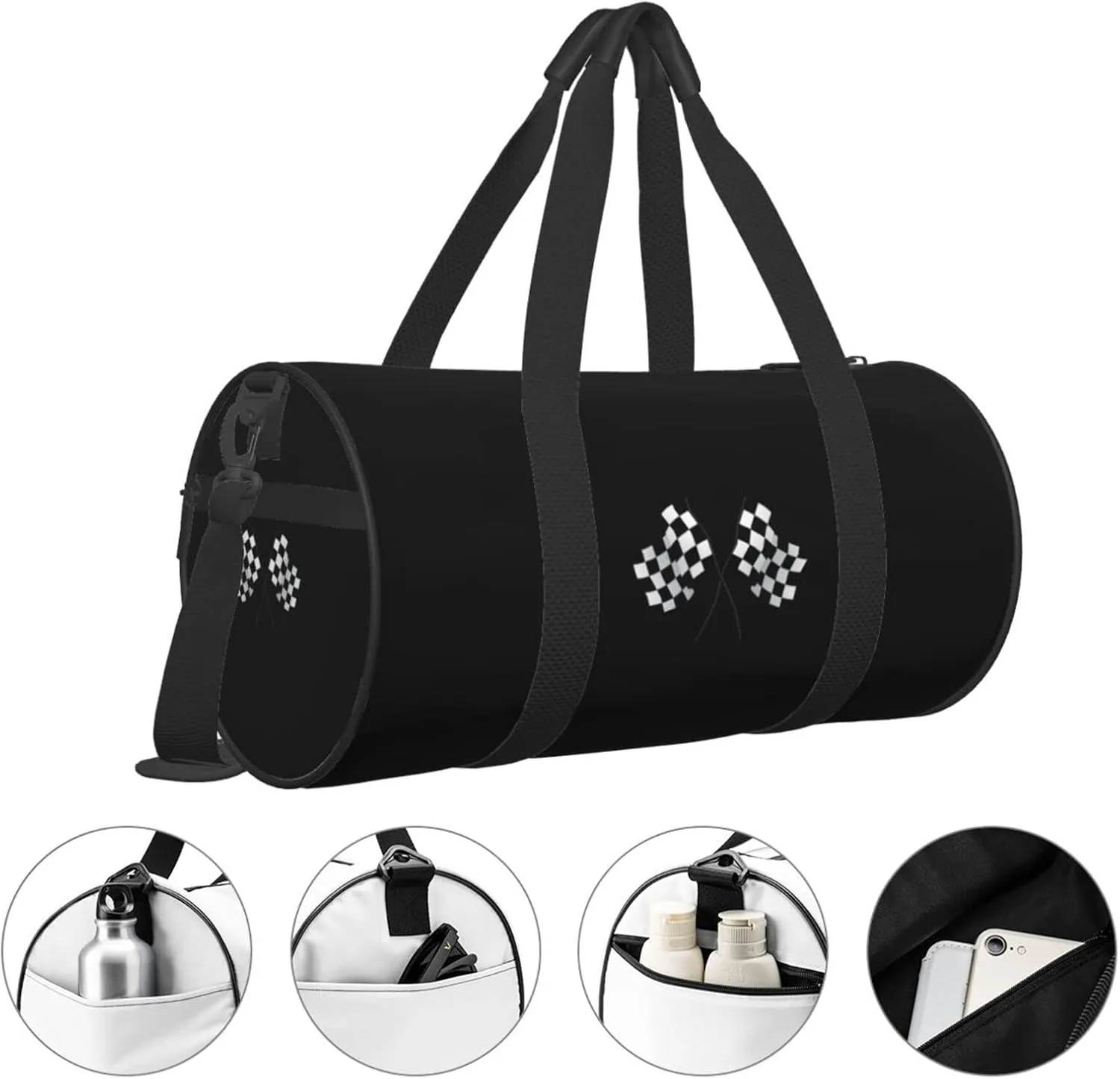 Checkered Flags Race Car Flag Travel Luggage Duffel Bag Sports Rolling Foldable Duffel Bag, Black