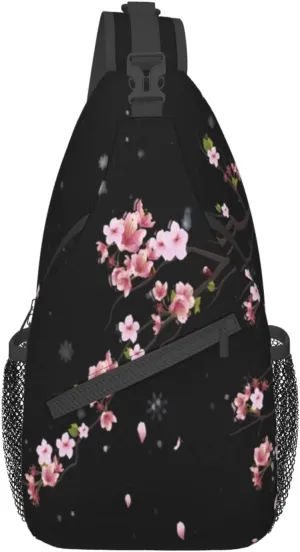 Cherry Blossom Sling Bag Crossbody Backpack,Falling Flower Petals Cherry Blossom Bloom Tree Branch Chest Bag Adjustable Casual Shoulder Backpack Floral Design Travel Daypack