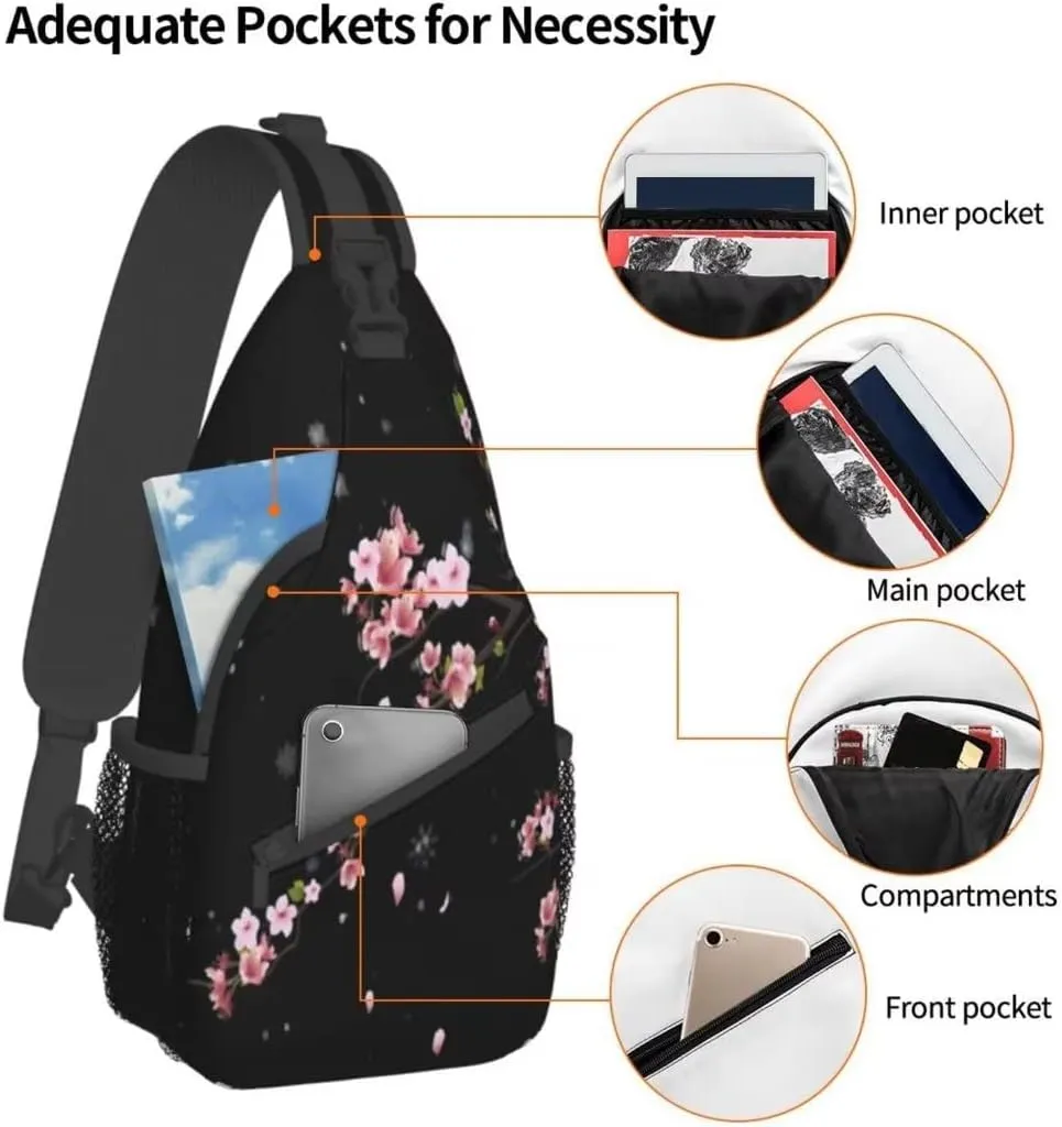 Cherry Blossom Sling Bag Crossbody Backpack,Falling Flower Petals Cherry Blossom Bloom Tree Branch Chest Bag Adjustable Casual Shoulder Backpack Floral Design Travel Daypack