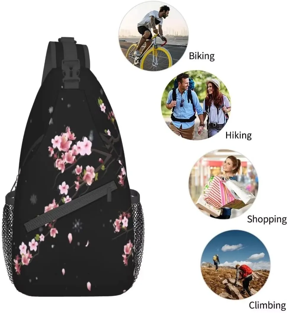 Cherry Blossom Sling Bag Crossbody Backpack,Falling Flower Petals Cherry Blossom Bloom Tree Branch Chest Bag Adjustable Casual Shoulder Backpack Floral Design Travel Daypack