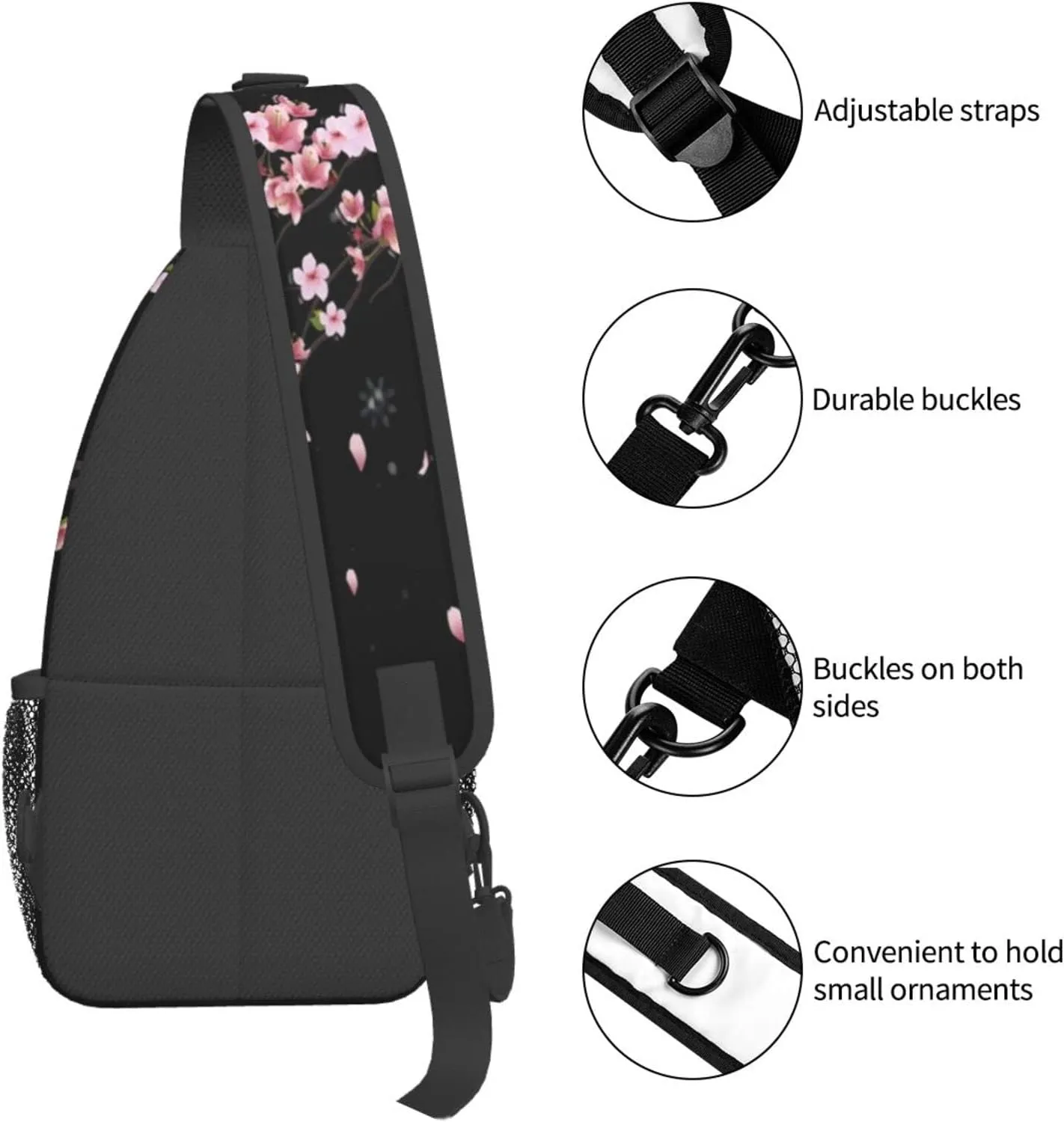 Cherry Blossom Sling Bag Crossbody Backpack,Falling Flower Petals Cherry Blossom Bloom Tree Branch Chest Bag Adjustable Casual Shoulder Backpack Floral Design Travel Daypack