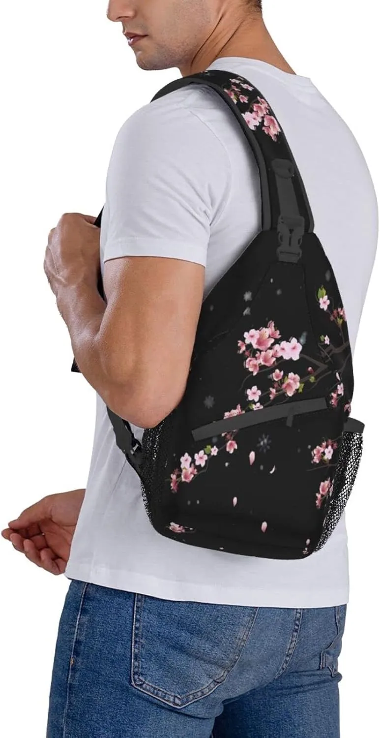 Cherry Blossom Sling Bag Crossbody Backpack,Falling Flower Petals Cherry Blossom Bloom Tree Branch Chest Bag Adjustable Casual Shoulder Backpack Floral Design Travel Daypack
