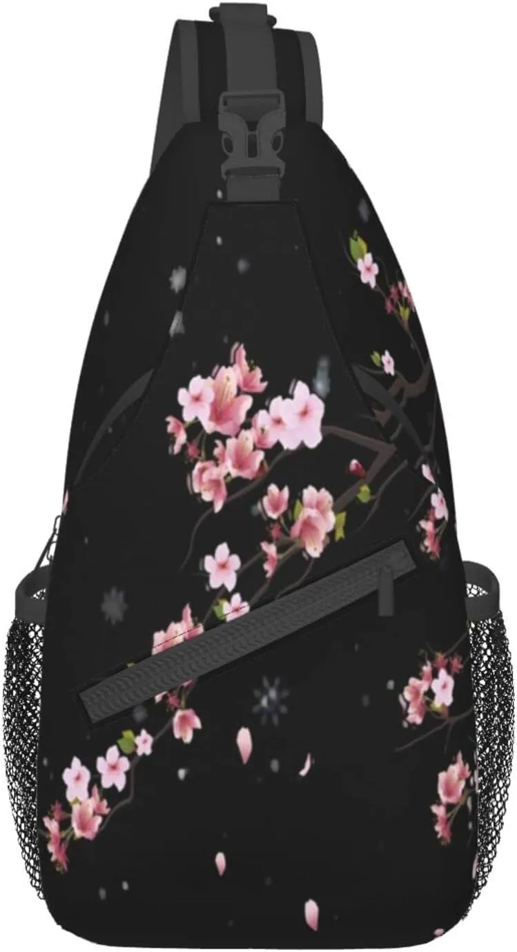 Cherry Blossom Sling Bag Crossbody Backpack,Falling Flower Petals Cherry Blossom Bloom Tree Branch Chest Bag Adjustable Casual Shoulder Backpack Floral Design Travel Daypack