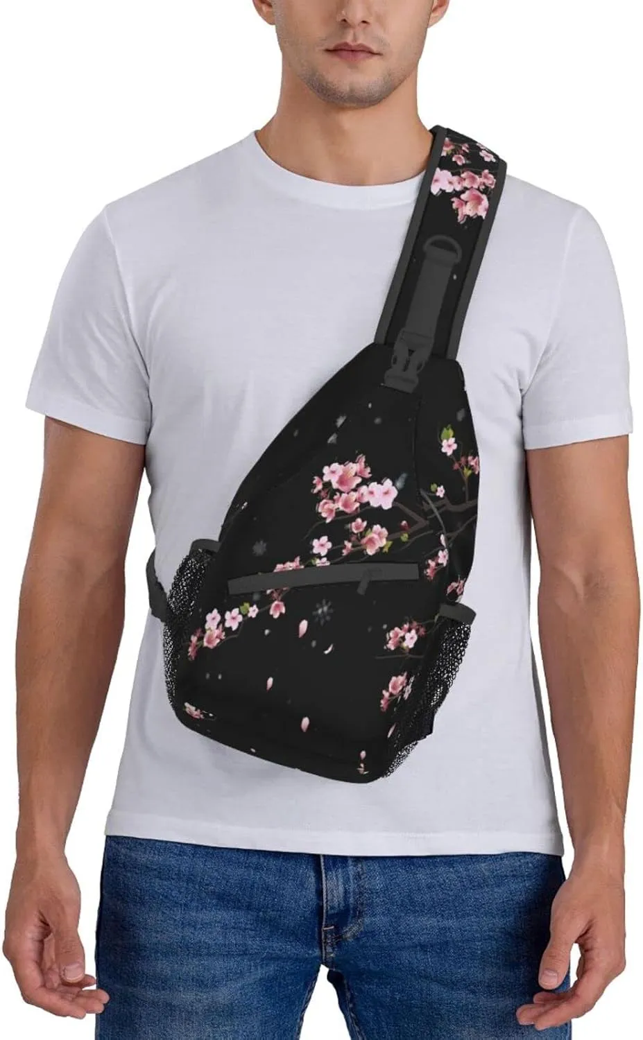 Cherry Blossom Sling Bag Crossbody Backpack,Falling Flower Petals Cherry Blossom Bloom Tree Branch Chest Bag Adjustable Casual Shoulder Backpack Floral Design Travel Daypack