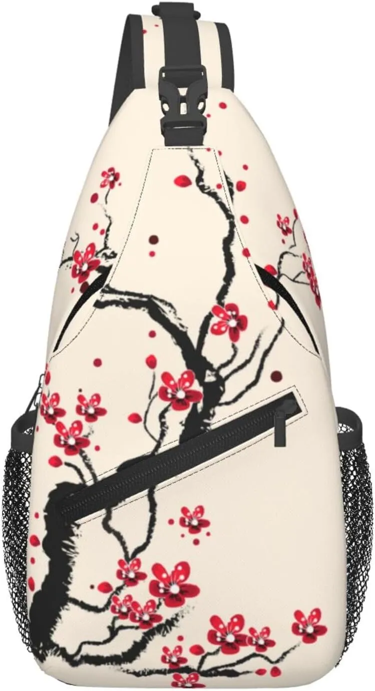 Cherry Blossom Sling Bag for Women Men Spring Blossoms Branch with Flowers Pattern Crossbody Backpack Cute Asian Japanese Floral Sling Backpack Casual Shoulder Bag Gym Travel Hiking Daypack