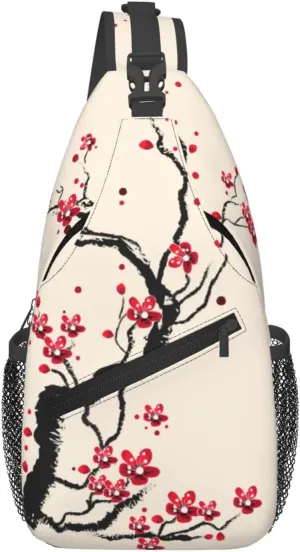 Cherry Blossom Sling Bag for Women Men Spring Blossoms Branch with Flowers Pattern Crossbody Backpack Cute Asian Japanese Floral Sling Backpack Casual Shoulder Bag Gym Travel Hiking Daypack