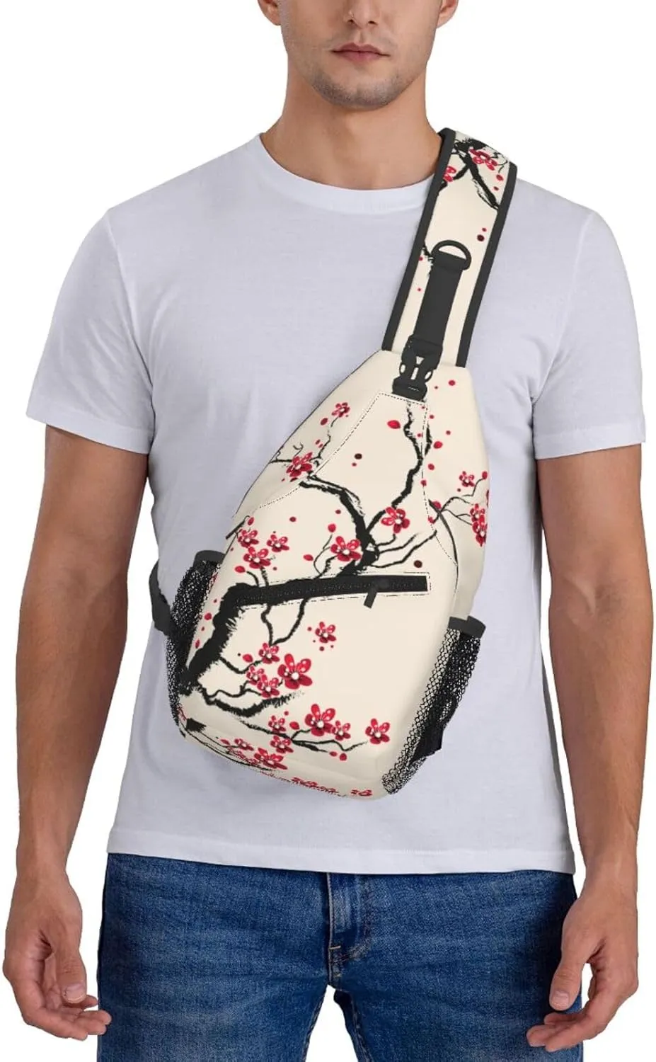 Cherry Blossom Sling Bag for Women Men Spring Blossoms Branch with Flowers Pattern Crossbody Backpack Cute Asian Japanese Floral Sling Backpack Casual Shoulder Bag Gym Travel Hiking Daypack