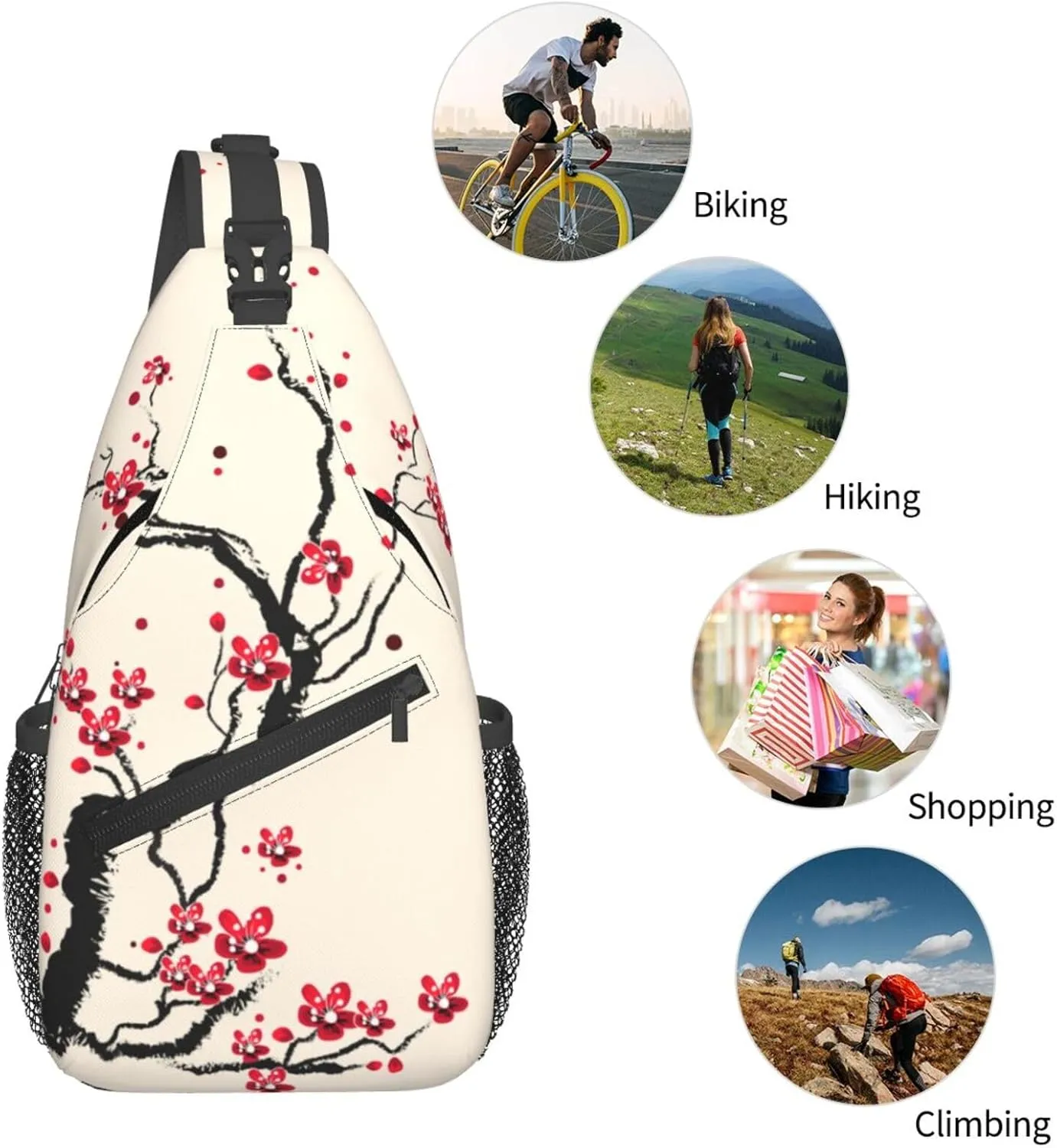 Cherry Blossom Sling Bag for Women Men Spring Blossoms Branch with Flowers Pattern Crossbody Backpack Cute Asian Japanese Floral Sling Backpack Casual Shoulder Bag Gym Travel Hiking Daypack