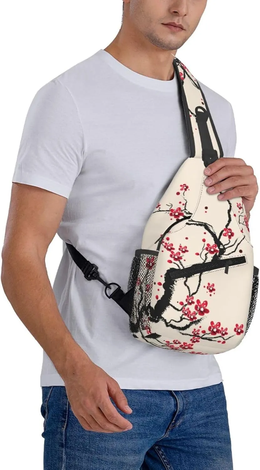 Cherry Blossom Sling Bag for Women Men Spring Blossoms Branch with Flowers Pattern Crossbody Backpack Cute Asian Japanese Floral Sling Backpack Casual Shoulder Bag Gym Travel Hiking Daypack