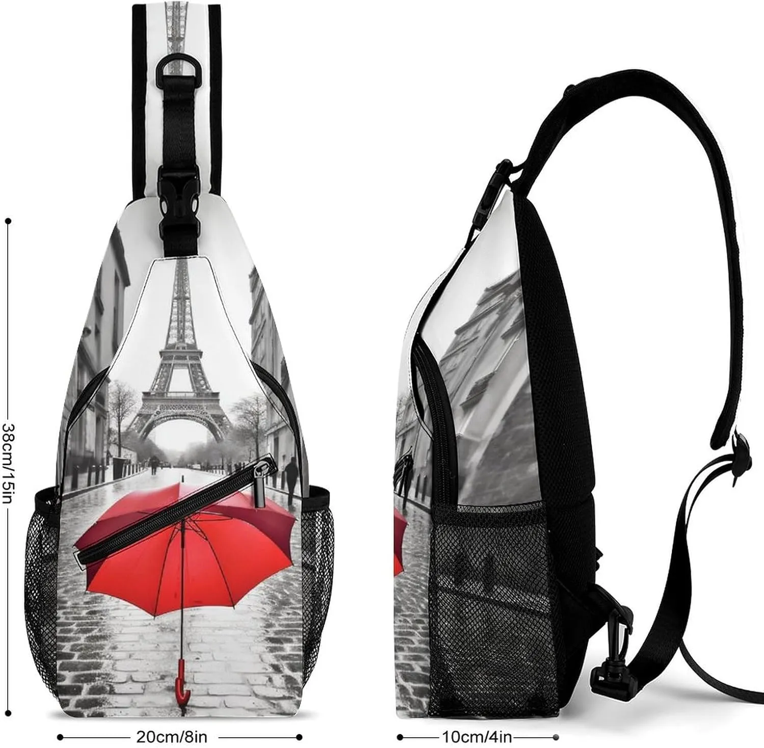Chest Bag Sling Bag for Men Women Eiffel Tower Paris Red Umbrella Sport Sling Backpack Lightweight Shoulder Bag for Travel, 38x20cm