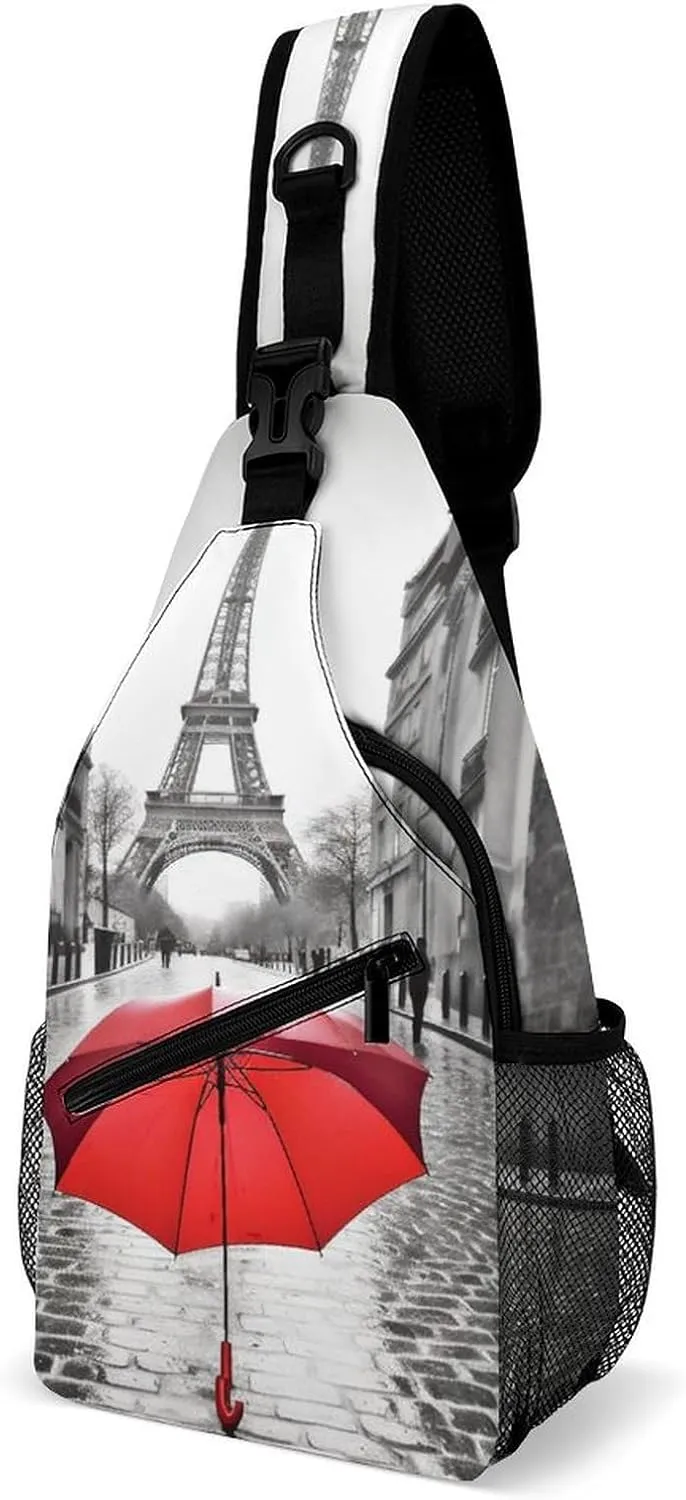 Chest Bag Sling Bag for Men Women Eiffel Tower Paris Red Umbrella Sport Sling Backpack Lightweight Shoulder Bag for Travel, 38x20cm