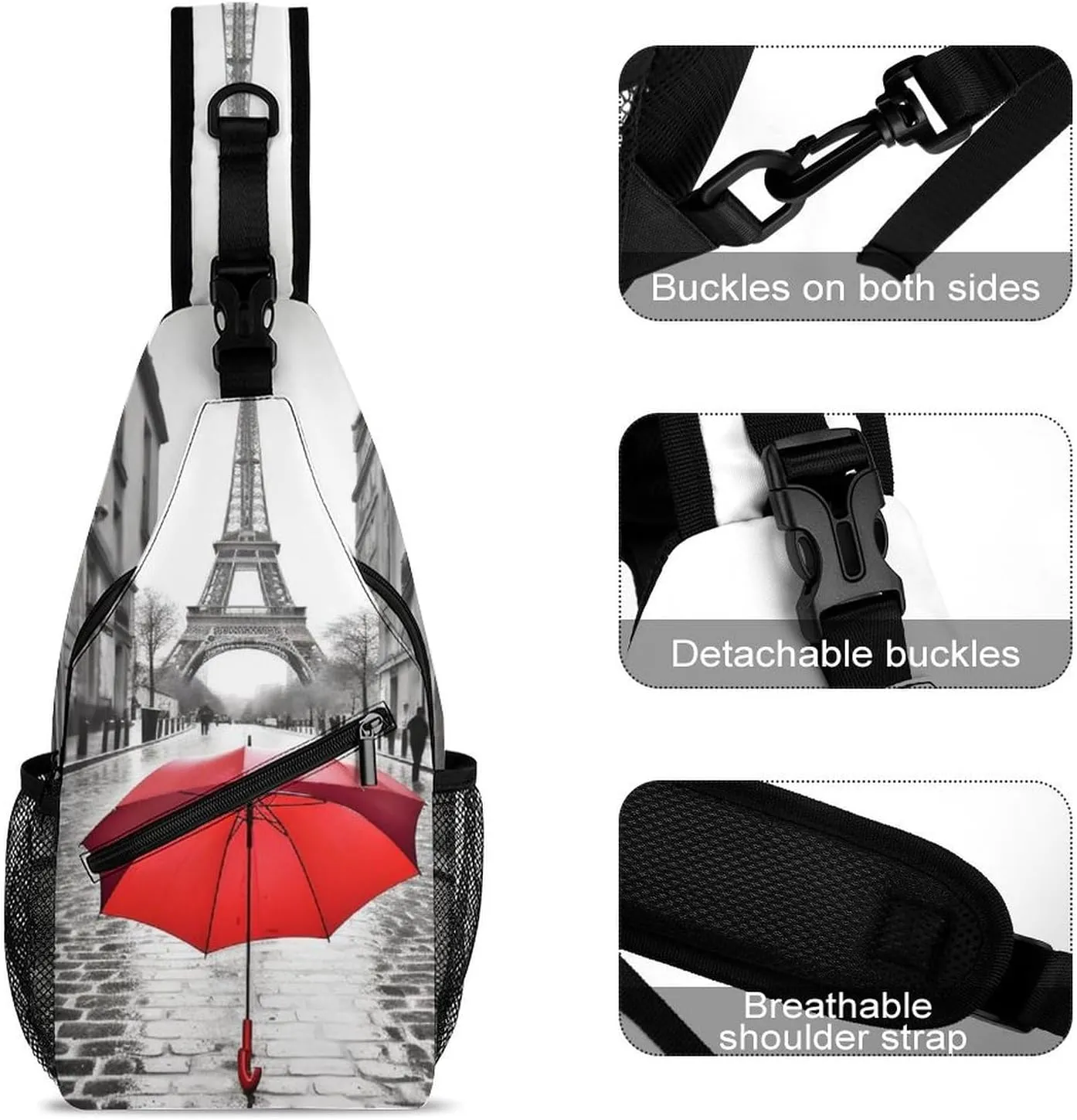Chest Bag Sling Bag for Men Women Eiffel Tower Paris Red Umbrella Sport Sling Backpack Lightweight Shoulder Bag for Travel, 38x20cm