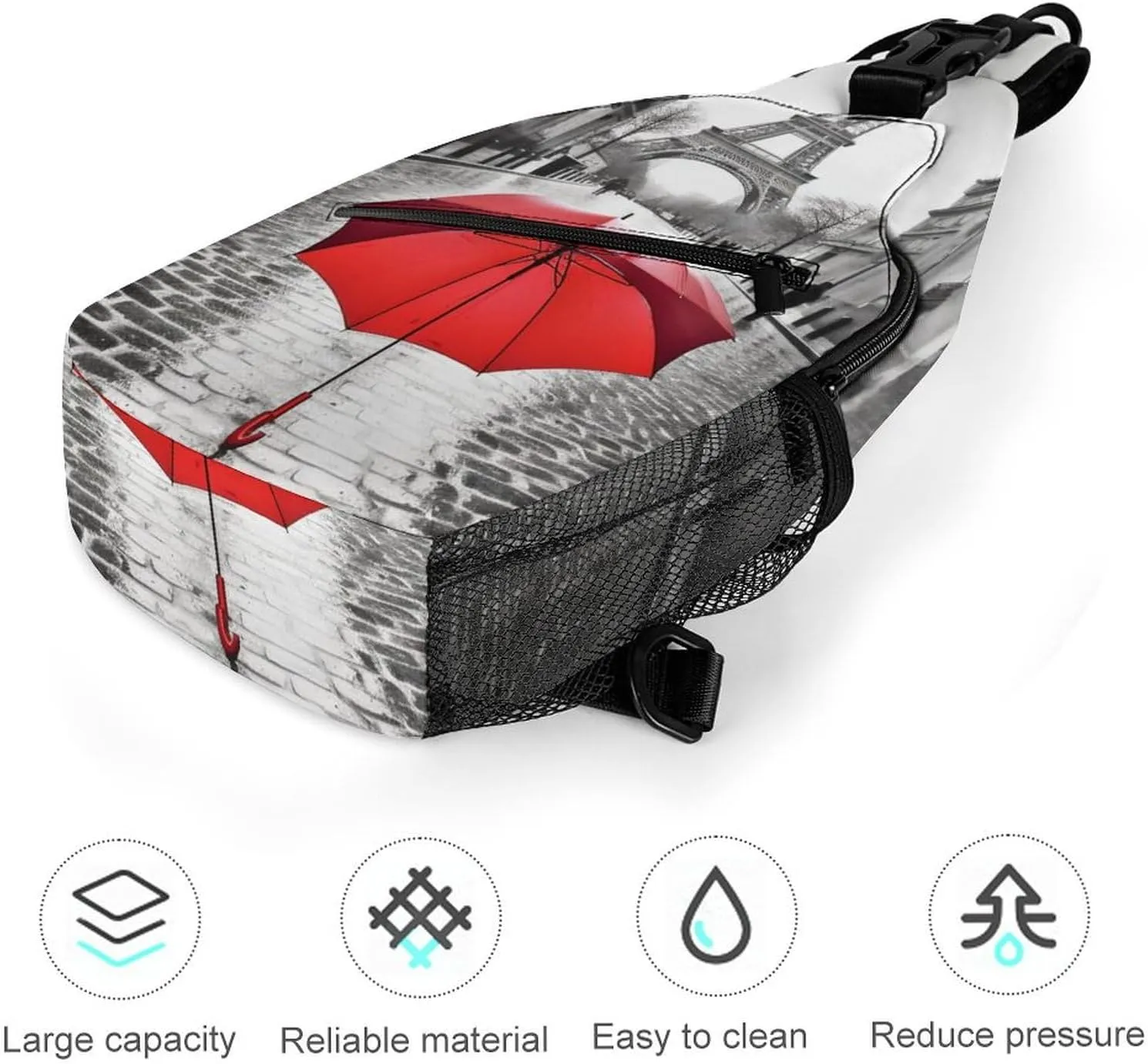 Chest Bag Sling Bag for Men Women Eiffel Tower Paris Red Umbrella Sport Sling Backpack Lightweight Shoulder Bag for Travel, 38x20cm