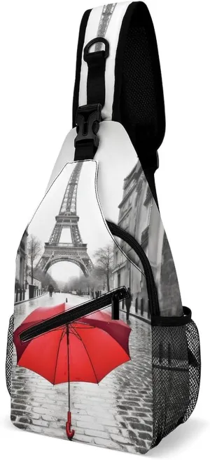 Chest Bag Sling Bag for Men Women Eiffel Tower Paris Red Umbrella Sport Sling Backpack Lightweight Shoulder Bag for Travel, 38x20cm