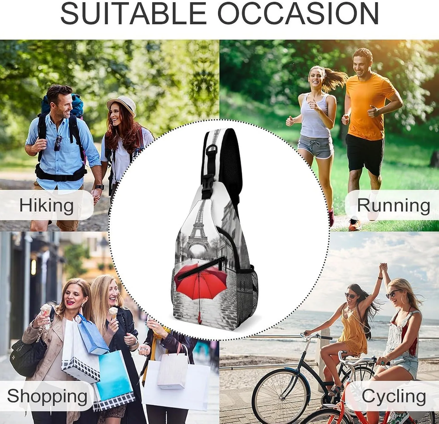 Chest Bag Sling Bag for Men Women Eiffel Tower Paris Red Umbrella Sport Sling Backpack Lightweight Shoulder Bag for Travel, 38x20cm