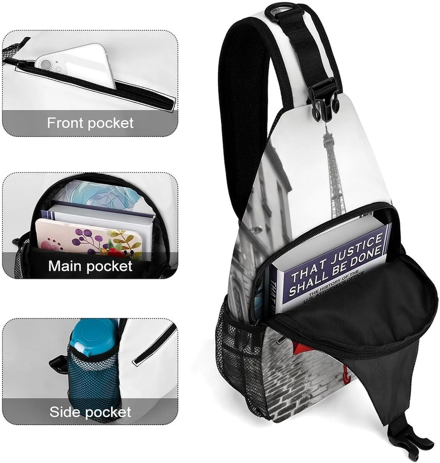 Chest Bag Sling Bag for Men Women Eiffel Tower Paris Red Umbrella Sport Sling Backpack Lightweight Shoulder Bag for Travel, 38x20cm